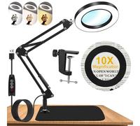 Kevsuvqin Lampada con Lente di Ingrandimento Professionale, 10x Lente di Ingrandimento con Luce, Lampada LEnte INgrandimento con Base Extra Larga e Clip in Metallo, 3 Modalità Colore, 10 di Luminosità