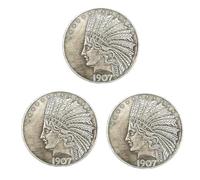 KEWEIYASW Rare Indian Head $10 Collectible Historical Coins Art Commemorative Replicas Silver Dollars Antique Coins Collectible Gifts(1907) 3 PCS