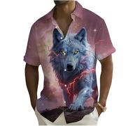 kewing Camicia Hawaiana da Uomo Neon Blue Lightning Wolf Lupo Fantastico luminescente Camicia a Maniche Corte con Bottoni e Stampa 3D Camicie Casual da Vacanza