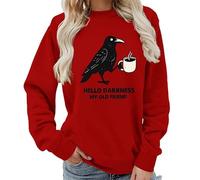 kewing Ciao oscurità mia Vecchia Amica Lettera Stampata Corvo e caffè Grafica Maglia da Donna Girocollo Senza Cappuccio Felpa a Maniche Lunghe Pullover Maglione Top