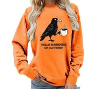 kewing Ciao oscurità mia Vecchia Amica Lettera Stampata Corvo e caffè Grafica Maglia da Donna Girocollo Senza Cappuccio Felpa a Maniche Lunghe Pullover Maglione Top