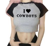 kewing I Love Cowboys Crop Tops Donne Y2k Lettera Stampa T-Shirt Estate Manica Corta Crop Top Girocollo Kawaii Top Camicetta Streetwear