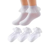 KEWUF 3 Paio unisex bimbi Romantic Lace calzini traspiranti sostenibili cotone sottili eleganti polsini a volant zone elastiche alle caviglie ideali per occasioni festive come il battesimo(5-7 anni)