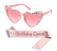 KEWUF Birthday Queen Occhiali rosa con fascia per compleanno Regina Occhiali da sole a forma di cuore Brillanti Bling Diamante Perla Occhiali da sole per donne Ragazza Compleanno Glitter Rosa