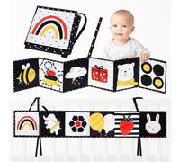 KEWUF Giochi Neonato 0-3 Mesi, Libro di Stoffa Sensoriale per Neonati, con 12 Motivi, Pieghevole e Riutilizzabile, con Corda, Animali, Bianco e Nero