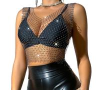 KEWUF Top con catena per il corpo in rete con strass lucidi per donna Top corto in bikini lucido per festival in Top Corti con Strass Trasparenti per Donna, Scollo a V - Nero - S