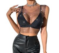 KEWUF Top con catena per il corpo in rete con strass lucidi per donna Top corto in bikini lucido per festival in Top Corti con Strass Trasparenti per Donna, Scollo a V - Nero - Rombo blu - S