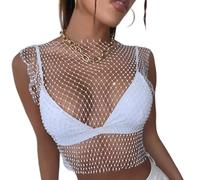 KEWUF Top con catena per il corpo in rete con strass lucidi per donna Top corto in bikini lucido per festival in Top Corti con Strass Trasparenti per Donna, Scollo rotondo - Bianco - S