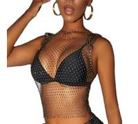 KEWUF Top con catena per il corpo in rete con strass lucidi per donna Top corto in bikini lucido per festival in Top Corti con Strass Trasparenti per Donna, Scollo rotondo - Nero - S