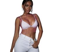 KEWUF Top con catena per il corpo in rete con strass lucidi per donna Top corto in bikini lucido per festival in Top Corti con Strass Trasparenti per Donna, Scollo rotondo - Rosa - S