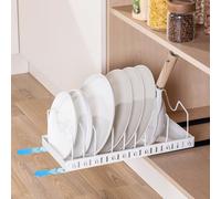 KEXIBO Porta Coperchi Pentole Scorrevole con 8 Scomparti Regolabili, Porta Padelle Salvaspazio per padelle, coperchi e Piatti, Supporto in Metallo, Contenitore Da Cucina, Bianco