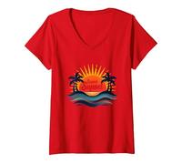 Key West Tramonto Capitale Paradiso Tropicale Spiaggia Amanti Maglietta con Collo a V, Donna, Rosso, S