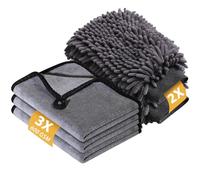 KEYAYE Kit Pulizia Auto con Set di 3 Pezzi Panno Microfibra e 2 Pezzi Guanto Lavaggio a Doppia Faccia, 600GSM Panno Asciugatura Pulizia 40x30cm, Super Assorbenti,per Cura Auto Moto