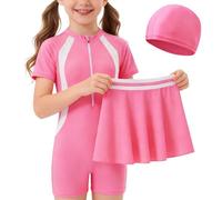 Keyck Costume da Bagno Intero per Ragazze 3 in 1 Maniche Corte Costume da Bagno con Gonnellina e Cuffia Asciugatura Rapida Costumi da Bagno Spiaggia Piscina Surf per Bambini 6-7 Anni, Rosa
