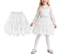 Keyck Gonna Tulle Tutu Irregolare 3 Strati Costume tutù con Vita Elastica Plissettato A-Line Midi Balletto Danza Principessa per Halloween Carnevale Performance Party Bambini 9-10 Anni, Bianco
