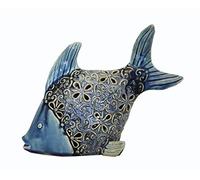 Keyhomestore- Statuina a Forma di Pesce Blu in Ceramica Traforata con LED - Soprammobile Decorativo con Luce, H 20x27x9 cm, Stile Marino per Arredo Interni.