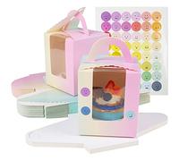 KEYIDO 30 Pezzi Scatole per Dolci Cupcake Gradiente Porta Cupcakes con Finestra Trasparente e Maniglia e Base Singole Scatole Biscotti Kraft per Muffin Torte 2 Adesivi