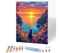 KEYIFA Gatto Fiori Dipingere con i Numeri per Adulti con Telaio, Paesaggio Painting by Numbers Kit con Pennelli, Fai da te Olio La Pittura di Numeri Kit, Decora la Casa 30x40cm