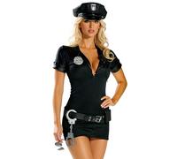 KeyinBox SEXY - Costume da polizia, da donna, in uniforme con cappello e manette, per Halloween, carnevale, con tatuaggi e adesivi per il trucco (nero, XL)