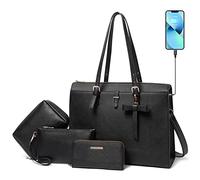 Keyli Set di 4 borse per computer portatili da donna in pelle grande valigetta per laptop con porta di ricarica USB borsa a tracolla per computer, nero, 16.7" W x 12.5" H x 6.5" D inch