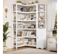 Keyluv Libreria angolare bianca alta 182,9 cm, 2 pezzi libreria aperta grande scaffale espositore in piedi 6 ripiani con armadio per casa, ufficio, soggiorno, legno e metallo