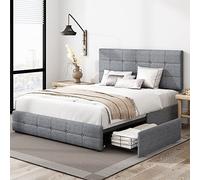 KEYLUV Moderna struttura letto imbottita con 4 cassetti, letto a piattaforma con testiera trapuntata a bottoni, supporto a doghe in legno massello, facile da montare, queen size, grigio