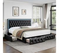 Keyluv Queen - Struttura letto imbottita a LED con 4 cassetti, in pelle PU, con testiera trapuntata regolabile e supporto a doghe in legno massello, senza bisogno di molle, nero