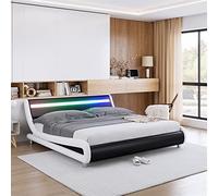 Keyluv Struttura letto imbottita a LED con testiera, moderna piattaforma a basso profilo con forte supporto a doghe, struttura in ecopelle ondulata, facile da montare, senza bisogno di molle, nero e