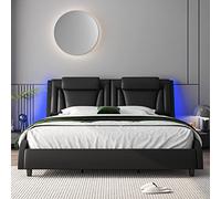 Keyluv Struttura letto imbottita moderna con testiera LED regolabile, in pelle PU, design ondulato e supporto a doghe in legno massello, senza bisogno di molle, senza rumore, matrimoniale, colore nero