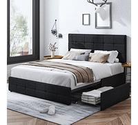 KEYLUV Struttura letto moderna imbottita con 4 cassetti, letto a piattaforma con testiera trapuntata a bottoni, supporto a doghe in legno massello, facile da montare, queen size, grigio scuro