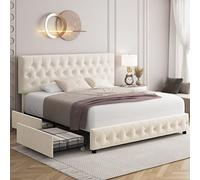 Keyluv Struttura letto moderna imbottita per camera da letto, con 4 cassetti, testiera trapuntata con bottoni, supporto a doghe in legno massello, facile da montare, beige, queen size