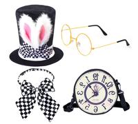 Keymall White Rabbit Costume Accessory Set 4 Pieces Bunny Ear Top Hat Bowtie Round Glasses Clock Props For Easter Halloween (Set A)