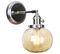 KEYQEEN Applique da Parete Vintage con Interruttore, Lampada da Parete cablata Regolabile a 180°, Paralume in Vetro ambrato, Illuminazione da Parete in Metallo per Comodino e Porta,Cromo