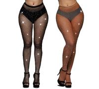 KEYRI 2 Paia Collant da Donna con Strass, Calze a Rete Scintillanti da Donna a Vita Alta Brillantini Collant Luccichio Calze Autoreggenti Diamante Elastiche con Strass Collant Glitterati