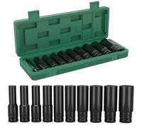 KeZaara 10 Pezzi Chiavi a Bussola Lunghe 1/2, Set Bussole 1/2", 10-24mm Bussole a Impulsi con Custodia in Plastica, para Riparazioni Auto Cambio Gomme