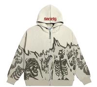 KEZONO Y2k Zip Scrawl Oversize Graphic Hoodies Demon Human Skeleton Pullover a maniche lunghe Autunno Vestibilità ampia e casual Return To Old Ways Streetwear, 3 bianche, XXL