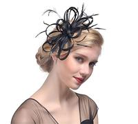 KFGISD, Cappelli da donna con piume e nastri, da cocktail, da sposa, da chiesa, da donna, Fedora, copricapo,Fermagli per capelli con fiori e piume(Black)