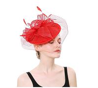KFGISD, Cappello da sposa con piume, for chiesa, copricapo in rete, for donna, cappello da cocktail, for feste,Fermagli per capelli con fiori e piume(Red)