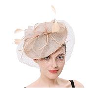 KFGISD, Cappello da sposa con piume, for chiesa, copricapo in rete, for donna, cappello da cocktail, for feste,Fermagli per capelli con fiori e piume(Beige)