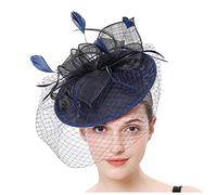KFGISD, Cappello da sposa con piume, for chiesa, copricapo in rete, for donna, cappello da cocktail, for feste,Fermagli per capelli con fiori e piume(Navy)