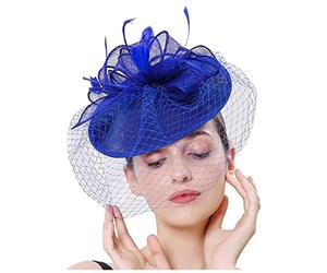 KFGISD, Cappello da sposa con piume, for chiesa, copricapo in rete, for donna, cappello da cocktail, for feste,Fermagli per capelli con fiori e piume(Blue)