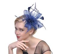 KFGISD, Cappello da sposa, da chiesa, con piume, in rete, for donna, con nastri floreali, for cocktail e tè.,Fermagli per capelli con fiori e piume(Navy)