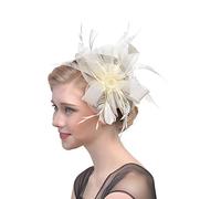 KFGISD, Cappello da sposa, da chiesa, con piume, in rete, for donna, con nastri floreali, for cocktail e tè.,Fermagli per capelli con fiori e piume(Beige)