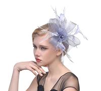 KFGISD, Cappello da sposa, da chiesa, con piume, in rete, for donna, con nastri floreali, for cocktail e tè.,Fermagli per capelli con fiori e piume(Grey)