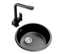 KFGISD, Lavello da cucina Lavello rotondo nero con rubinetto 3 in 1 Lavello da cucina Lavello in pietra di quarzo Lavello da balcone,Lavelli da cucina(46 * 46 * 21Cm)