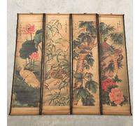 KFGISD, Set di 4 dipinti antichi con motivo a pergamena con uccello di loto, calligrafia, da appendere alla parete ，Pittura artistica cinese
