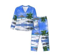 Kfjghhl Beach Coconut Tree Palm Chair Pigiama Set Donna Morbido Due Pezzi Pj'S Set Manica Lunga Top Plaid Pantaloni Sleepwear Tasche, Nero , M