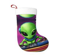 Kfjghhl Calza natalizia con stampa di pupazzo di neve con alieno verde, grandi dimensioni, da appendere, decorazioni per la casa
