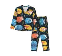 Kfjghhl Carino Pecora Colorato Del Modello Del Fumetto Pigiama Set Delle Donne Morbido Due Pezzi Pj'S Set Manica Lunga Top Plaid Pantaloni Sleepwear Tasche, Nero , XL