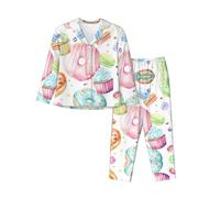 Kfjghhl Cupcakes Ciambelle Muffin Zucchero Pigiama Set Donna Morbido Due Pezzi Pj'S Set Top Manica Lunga Pantaloni Plaid Pantaloni Sleepwear Tasche, Nero , XXL